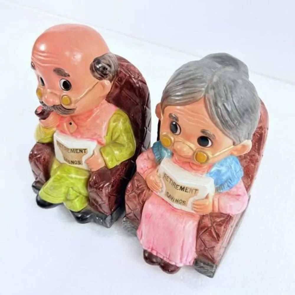 Vintage Japanese Elderly Couple Retirement Savings Piggy Banks Grandma & Grandpa